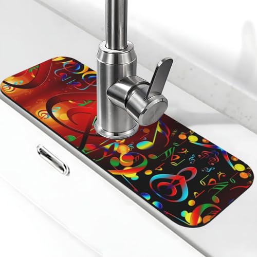 EZDLOWVBA Bunte Wasserhahnmatte mit Musikschlüssel-Aufdruck, Stein-Wasserhahn-Matte für Küchenspüle, Kieselgur-saugfähige Matte, Wasserhahn-Spritzschutz für Badezimmer und Küche (38,1 x 14 cm) von EZDLOWVBA