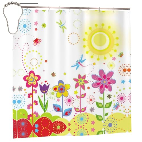EZDLOWVBA Duschvorhang, Motiv: Sonne, Schmetterlinge, Libellen, Blumen, Kinderzimmer, 183,9 x 183,9 cm, schimmelresistent, Polyester, Badvorhang mit 12 Haken, waschbar, schnelltrocknend EZDLOWVBA Duschvorhang, Motiv: Sonne, Schmetterlinge, Libellen, Blumen, Kinderzimmer, 183,9 x 183,9 cm, schimmelresistent, Polyester, Badvorhang mit 12 Haken, waschbar, schnelltrocknend von EZDLOWVBA