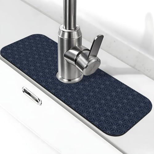 EZDLOWVBA Gepunktete Linien, geometrische Formen auf blauem Hintergrund, Stein-Wasserhahn-Matte für Küchenspüle, Kieselgur-saugfähige Matte, Wasserhahn-Spritzschutz für Badezimmer, Küche (38,1 x 14 cm von EZDLOWVBA