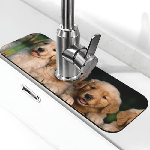 EZDLOWVBA Golden Retriever Hunde-Welpen-Matte für Küchenspüle, Kieselgur-saugfähige Matte, Wasserhahn-Spritzschutz für Badezimmer und Küche (38,1 x 14 cm) von EZDLOWVBA