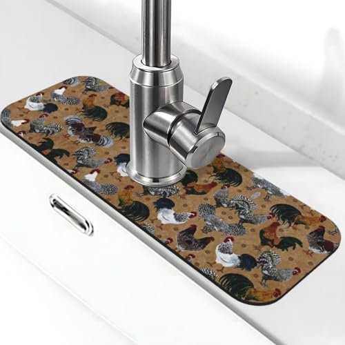 EZDLOWVBA Hahn- und Huhn-Aufdruck, Stein-Wasserhahn-Matte für Küchenspüle, Kieselgur-saugfähige Matte, Wasserhahn-Spritzschutz für Badezimmer und Küche (38,1 x 14 cm) von EZDLOWVBA