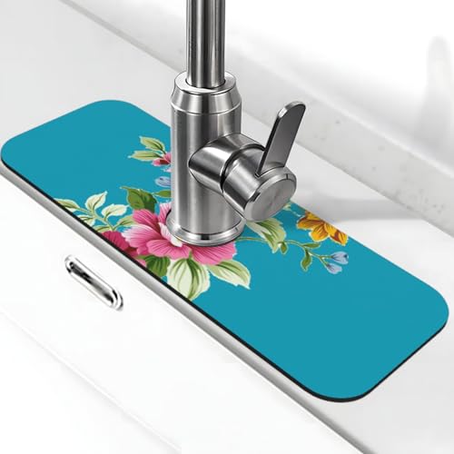 EZDLOWVBA Handbemalter Blumendruck, Stein-Wasserhahn-Matte für Küchenspüle, Kieselgur-saugfähige Matte, Wasserhahn-Spritzschutz für Badezimmer und Küche (38,1 x 14 cm) von EZDLOWVBA