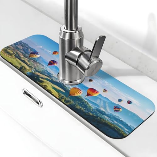 EZDLOWVBA Heißluftballon-Aufdruck, Stein-Wasserhahn-Matte für Küchenspüle, Kieselgur-saugfähige Matte, Wasserhahn-Spritzschutz für Badezimmer und Küche (38,1 x 14 cm) von EZDLOWVBA