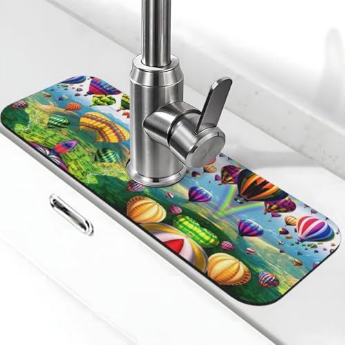 EZDLOWVBA Heißluftballon-Aufdruck, Stein-Wasserhahn-Matte für Küchenspüle, Kieselgur-saugfähige Matte, Wasserhahn-Spritzschutz für Badezimmer und Küche (38,1 x 14 cm) von EZDLOWVBA