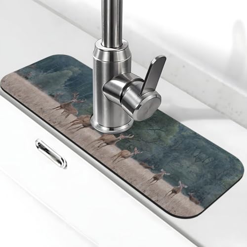 EZDLOWVBA Hirsch-Bild-Druck-Stein-Wasserhahn-Matte für Küchenspüle, Kieselgur-saugfähige Matte, Wasserhahn-Spritzschutz für Badezimmer und Küche (38,1 x 14 cm) von EZDLOWVBA