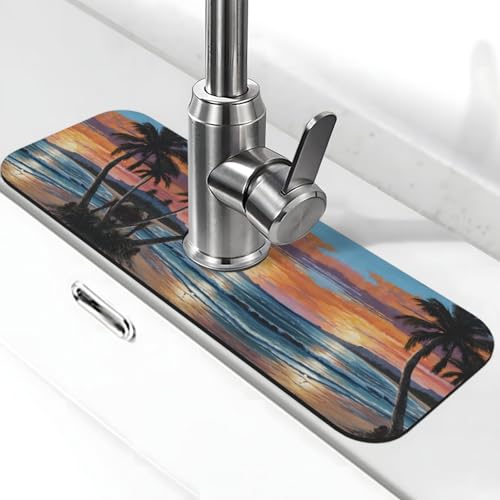 EZDLOWVBA Kokosnuss-Strand-Hängematte, bedruckt, Stein-Wasserhahn-Matte für Küchenspüle, Kieselgur-saugfähige Matte, Wasserhahn-Spritzschutz für Badezimmer, Küche (38,1 x 14 cm) von EZDLOWVBA