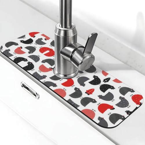 EZDLOWVBA Kreativer Cartoon-Huhn-Aufdruck, Stein-Wasserhahn-Matte für Küchenspüle, Kieselgur-saugfähige Matte, Wasserhahn-Spritzschutz für Badezimmer und Küche (38,1 x 14 cm) von EZDLOWVBA