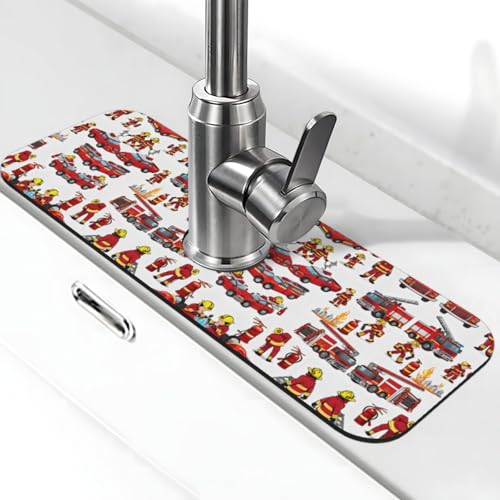 EZDLOWVBA Little Boys And Girls In Firefighters Print Stone Wasserhahn Matte für Küchenspüle, Kieselgur-saugfähige Matte, Wasserhahn-Spritzschutz für Badezimmer Küche (38,1 x 14 cm) von EZDLOWVBA