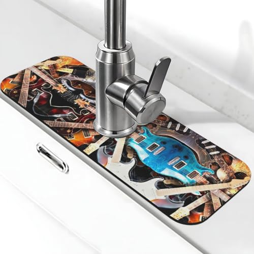 EZDLOWVBA Magische E-Gitarre, Musikdruck, Stein-Wasserhahn-Matte für Küchenspüle, Kieselgur-saugfähige Matte, Wasserhahn-Spritzschutz für Badezimmer und Küche (38,1 x 14 cm) von EZDLOWVBA