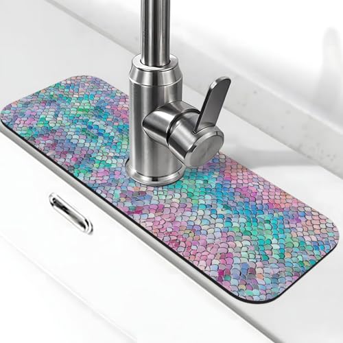 EZDLOWVBA Meerjungfrauen-Fischschuppen-Aufdruck, Stein-Wasserhahn-Matte für Küchenspüle, Kieselgur-saugfähige Matte, Wasserhahn-Spritzschutz für Badezimmer und Küche (38,1 x 14 cm) von EZDLOWVBA