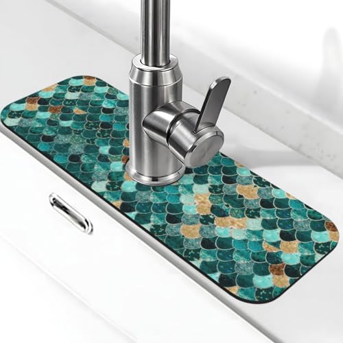 EZDLOWVBA Meerjungfrauen-Fischschuppen-Aufdruck, Stein-Wasserhahn-Matte für Küchenspüle, Kieselgur-saugfähige Matte, Wasserhahn-Spritzschutz für Badezimmer und Küche (38,1 x 14 cm) von EZDLOWVBA