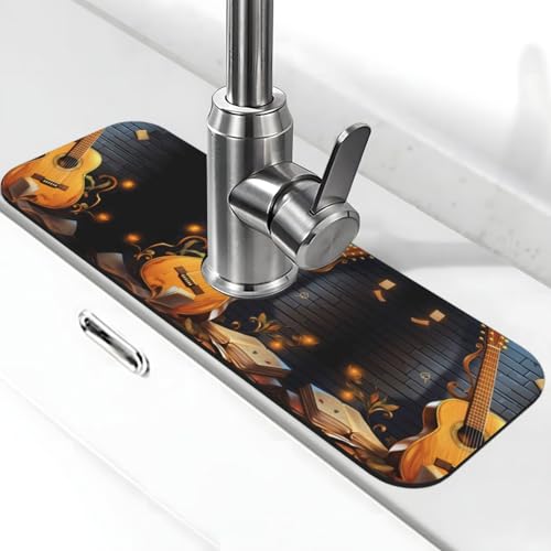 EZDLOWVBA Note Wasserhahn-Matte mit Gitarren-Aufdruck, Stein-Wasserhahn-Matte für Küchenspüle, Kieselgur-saugfähige Matte, Wasserhahn-Spritzschutz für Badezimmer und Küche (38,1 x 14 cm) von EZDLOWVBA