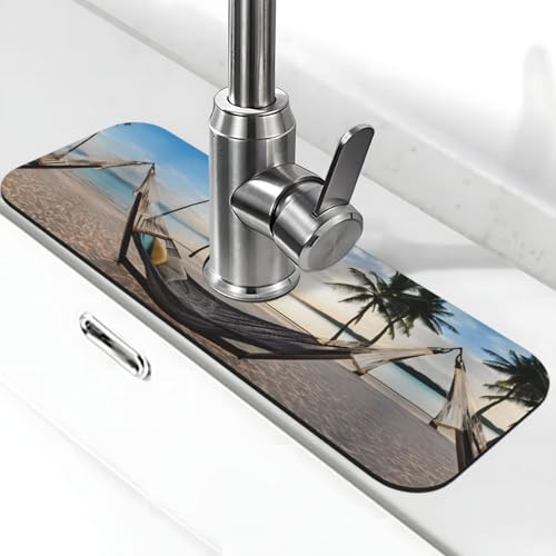 EZDLOWVBA Paradise Beach mit Hängematte, Kokospalmen bedruckt, Stein-Wasserhahn-Matte für Küchenspüle, Kieselgur-saugfähige Matte, Wasserhahn-Spritzschutz für Badezimmer und Küche (38,1 x 14 cm) von EZDLOWVBA