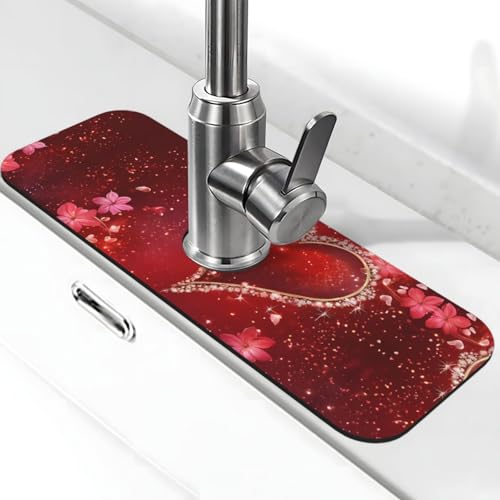 EZDLOWVBA Romantischer Herz-Aufdruck, Stein-Wasserhahn-Matte für Küchenspüle, Kieselgur-saugfähige Matte, Wasserhahn-Spritzschutz für Badezimmer und Küche (38,1 x 14 cm) von EZDLOWVBA