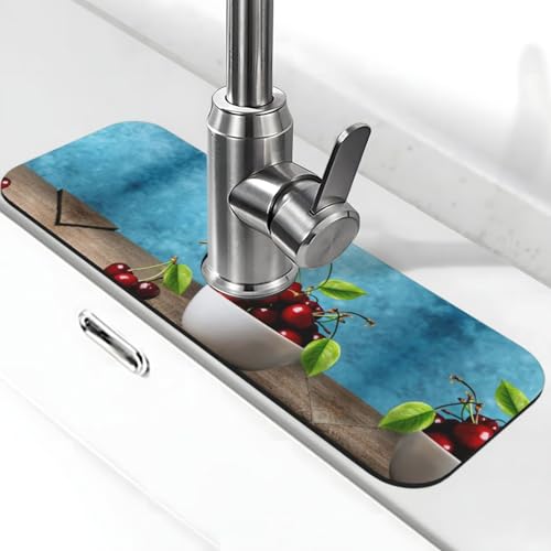 EZDLOWVBA Schüssel Kirsche auf Holz Druck Stein Wasserhahn Matte für Küchenspüle, Kieselgur-saugfähige Matte, Wasserhahn-Spritzschutz für Badezimmer Küche (38,1 x 14 cm) von EZDLOWVBA
