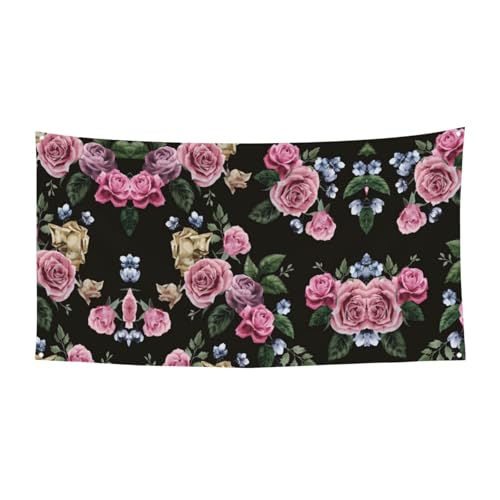 EZDLOWVBA Schwarze Blackgound-Flagge mit Rosenmuster, 4 Ösen, Ösen an jeder Ecke, Polyester-Banner, lustige Flaggen, 90 x 180 cm von EZDLOWVBA