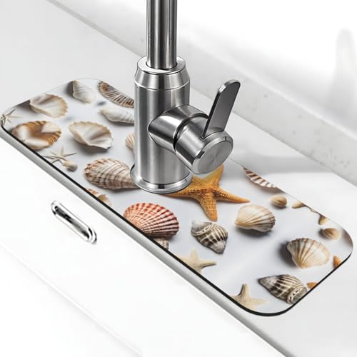 EZDLOWVBA Seashell Sandstrand Druck Stein Wasserhahn Matte für Küchenspüle, Kieselgur-saugfähige Matte, Wasserhahn-Spritzschutz für Badezimmer Küche (38,1 x 14 cm) von EZDLOWVBA