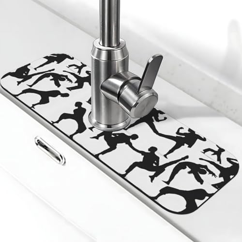 EZDLOWVBA Silhouetten von Kampfsport-Druckstein-Wasserhahn-Matte für Küchenspüle, Kieselgur-saugfähige Matte, Wasserhahn-Spritzschutz für Badezimmer und Küche (38,1 x 14 cm) von EZDLOWVBA