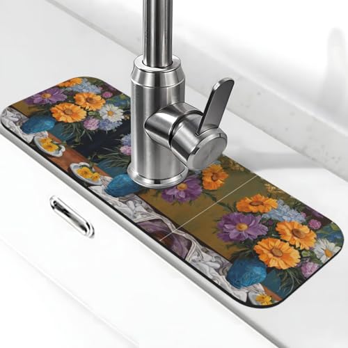 EZDLOWVBA Wasserhahn-Matte mit Blumen-Diamant-Malerei, Stein-Wasserhahn-Matte für Küchenspüle, Kieselgur-saugfähige Matte, Wasserhahn-Spritzschutz für Badezimmer und Küche (38,1 x 14 cm) von EZDLOWVBA