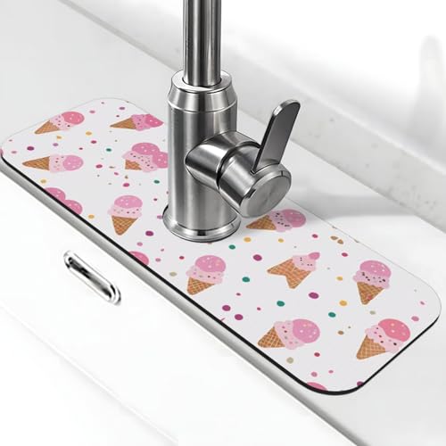 EZDLOWVBA Wasserhahn-Matte mit Eiscreme-Aufdruck, Stein-Wasserhahn-Matte für Küchenspüle, Kieselgur-saugfähige Matte, Wasserhahn-Spritzschutz für Badezimmer und Küche (38,1 x 14 cm) von EZDLOWVBA