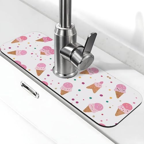 EZDLOWVBA Wasserhahn-Matte mit Eiscreme-Aufdruck, Stein-Wasserhahn-Matte für Küchenspüle, Kieselgur-saugfähige Matte, Wasserhahn-Spritzschutz für Badezimmer und Küche (38,1 x 14 cm) von EZDLOWVBA