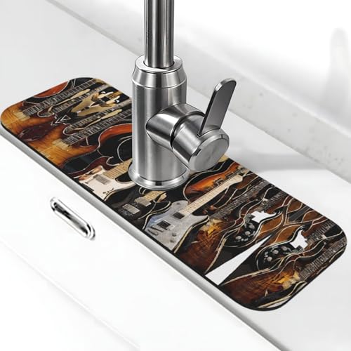 EZDLOWVBA Wasserhahn-Matte mit Musikgitarre für Küchenspüle, Kieselgur-saugfähige Matte, Wasserhahn-Spritzschutz für Badezimmer und Küche (38,1 x 14 cm) von EZDLOWVBA