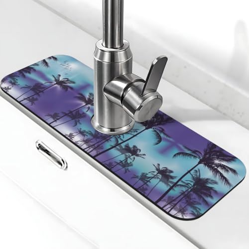 EZDLOWVBA Wasserhahn-Matte mit Palmen-Aufdruck, Stein-Wasserhahn für Küchenspüle, Kieselgur-saugfähige Matte, Wasserhahn-Spritzschutz für Badezimmer und Küche (38,1 x 14 cm) von EZDLOWVBA