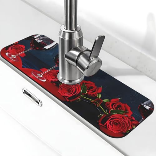 EZDLOWVBA Wasserhahn-Matte mit Rotweinrosen und Kerzen, Stein-Wasserhahn-Matte für Küchenspüle, Kieselgur-saugfähige Matte, Wasserhahn-Spritzschutz für Badezimmer und Küche (38,1 x 14 cm) von EZDLOWVBA