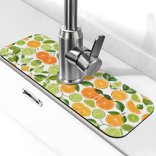EZDLOWVBA Wasserhahn-Matte mit gelben Blüten und orangefarbenen Früchten, Stein-Wasserhahn-Matte für Küchenspüle, Kieselgur-saugfähige Matte, Wasserhahn-Spritzschutz für Badezimmer und Küche (38,1 x EZDLOWVBA Wasserhahn-Matte mit gelben Blüten und orangefarbenen Früchten, Stein-Wasserhahn-Matte für Küchenspüle, Kieselgur-saugfähige Matte, Wasserhahn-Spritzschutz für Badezimmer und Küche (38,1 x von EZDLOWVBA