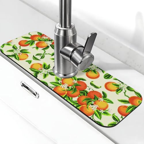 EZDLOWVBA Wasserhahn-Matte mit gelben Blüten und orangefarbenen Früchten, Stein-Wasserhahn-Matte für Küchenspüle, Kieselgur-saugfähige Matte, Wasserhahn-Spritzschutz für Badezimmer und Küche (38,1 x EZDLOWVBA Wasserhahn-Matte mit gelben Blüten und orangefarbenen Früchten, Stein-Wasserhahn-Matte für Küchenspüle, Kieselgur-saugfähige Matte, Wasserhahn-Spritzschutz für Badezimmer und Küche (38,1 x von EZDLOWVBA
