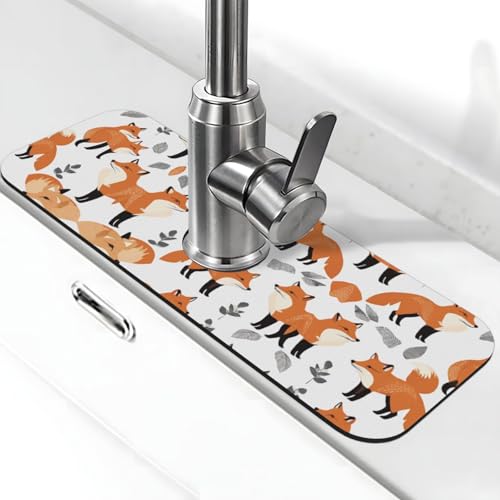EZDLOWVBA Wasserhahn-Matte mit vielen Füchsen für Küchenspüle, Kieselgur-saugfähige Matte, Wasserhahn-Spritzschutz für Badezimmer und Küche (38,1 x 14 cm) von EZDLOWVBA