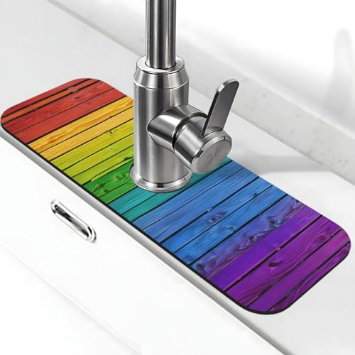 EZDLOWVBA Wasserhahnmatte aus regenbogenfarbenem Holzhintergrund für Küchenspüle, Kieselgur-saugfähige Matte, Wasserhahn-Spritzschutz für Badezimmer und Küche (38,1 x 14 cm) von EZDLOWVBA