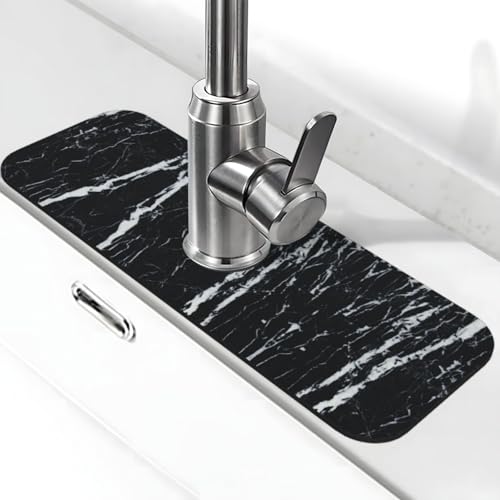 EZDLOWVBA Wasserhahnmatte für Küchenspüle, Kieselgur-saugfähige Matte, Wasserhahn-Spritzschutz für Badezimmer, Küche, 38,1 x 14 cm, Schwarz und Weiß von EZDLOWVBA