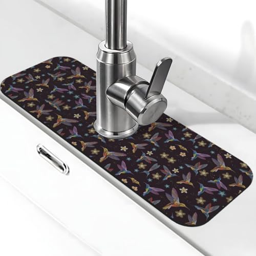 EZDLOWVBA Wasserhahnmatte mit Blumen-Kolibri-Stickerei, Stein-Wasserhahn-Matte für Küchenspüle, Kieselgur-saugfähige Matte, Wasserhahn-Spritzschutz für Badezimmer und Küche (38,1 x 14 cm) von EZDLOWVBA