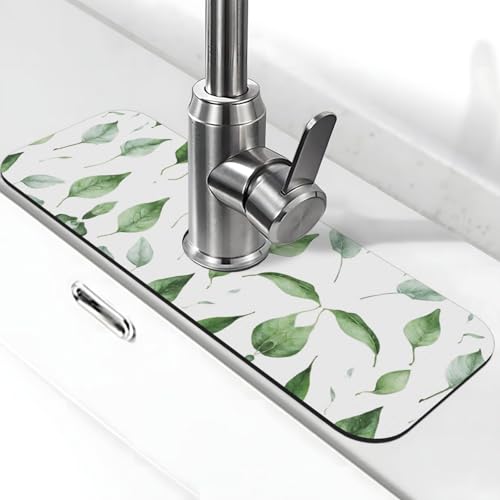 EZDLOWVBA Wasserhahnmatte mit Eukalyptusblättern, Stein-Wasserhahn-Matte für Küchenspüle, Kieselgur-saugfähige Matte, Wasserhahn-Spritzschutz für Badezimmer und Küche (38,1 x 14 cm) von EZDLOWVBA