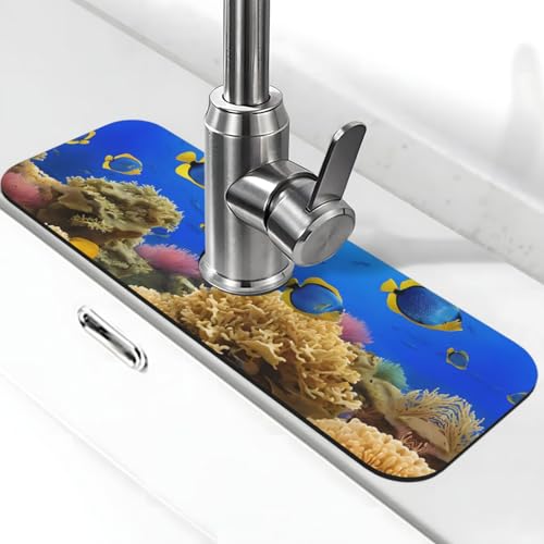 EZDLOWVBA Wasserhahnmatte mit Fischmuster für Küchenspüle, Kieselgur-saugfähige Matte, Wasserhahn-Spritzschutz für Badezimmer und Küche (38,1 x 14 cm) von EZDLOWVBA