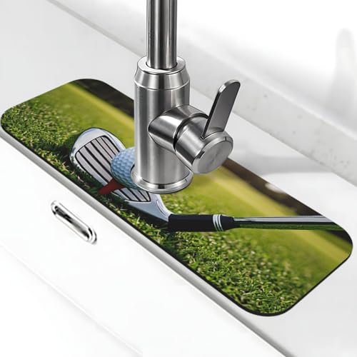 EZDLOWVBA Wasserhahnmatte mit Golfschläger-Aufdruck, Stein-Wasserhahn-Matte für Küchenspüle, Kieselgur-saugfähige Matte, Wasserhahn-Spritzschutz für Badezimmer und Küche (38,1 x 14 cm) von EZDLOWVBA