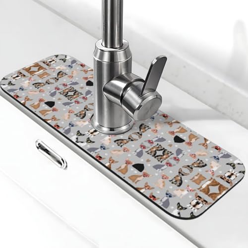 EZDLOWVBA Wasserhahnmatte mit Hundebrille-Aufdruck für Küchenspüle, Kieselgur-saugfähige Matte, Wasserhahn-Spritzschutz für Badezimmer und Küche (38,1 x 14 cm) von EZDLOWVBA