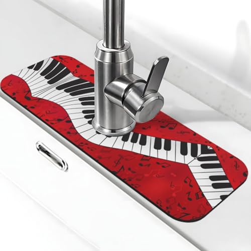 EZDLOWVBA Wasserhahnmatte mit Musiknoten-Klavierdruck, Stein-Wasserhahn-Matte für Küchenspüle, Kieselgur-saugfähige Matte, Wasserhahn-Spritzschutz für Badezimmer und Küche (38,1 x 14 cm) von EZDLOWVBA