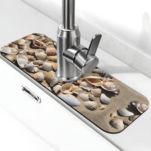 EZDLOWVBA Wasserhahnmatte mit Sandstrandmotiv für Küchenspüle, Kieselgur-saugfähige Matte, Wasserhahn-Spritzschutz für Badezimmer und Küche (38,1 x 14 cm) von EZDLOWVBA