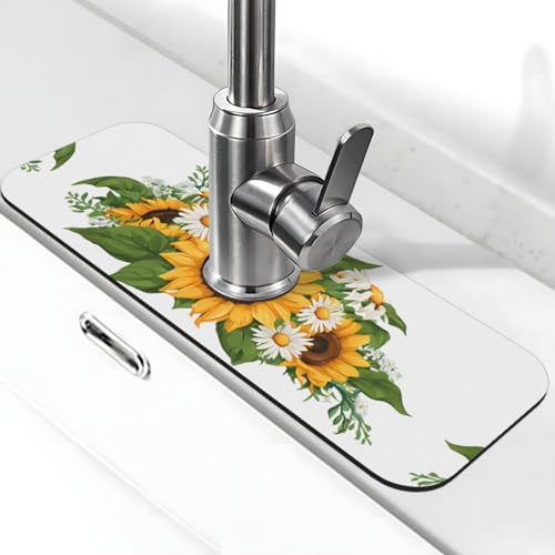 EZDLOWVBA Wasserhahnmatte mit Sonnenblumen-Aufdruck, Stein-Wasserhahn-Matte für Küchenspüle, Kieselgur-saugfähige Matte, Wasserhahn-Spritzschutz für Badezimmer und Küche (38,1 x 14 cm) von EZDLOWVBA