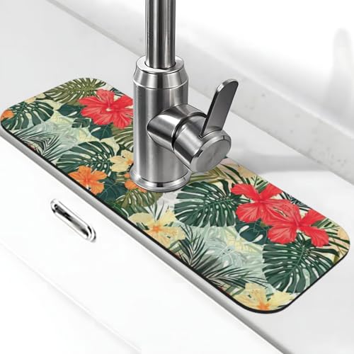 EZDLOWVBA Wasserhahnmatte mit Vegetationsblättern mit Hibiskusblumen-Druck, Stein-Wasserhahn-Matte für Küchenspüle, Kieselgur-saugfähige Matte, Wasserhahn-Spritzschutz für Badezimmer und Küche (38,1 x EZDLOWVBA Wasserhahnmatte mit Vegetationsblättern mit Hibiskusblumen-Druck, Stein-Wasserhahn-Matte für Küchenspüle, Kieselgur-saugfähige Matte, Wasserhahn-Spritzschutz für Badezimmer und Küche (38,1 x von EZDLOWVBA