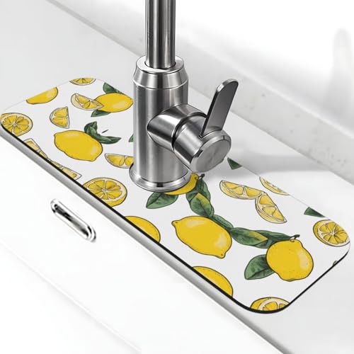 EZDLOWVBA Wasserhahnmatte mit Zitronenfrucht-Muster, Stein-Wasserhahn-Matte für Küchenspüle, Kieselgur-saugfähige Matte, Wasserhahn-Spritzschutz für Badezimmer und Küche (38,1 x 14 cm) von EZDLOWVBA