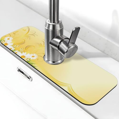 EZDLOWVBA Wasserhahnmatte mit geschwungenen Kamillenblüten, fliegende Schmetterlinge, Stein-Wasserhahn-Matte für Küchenspüle, Kieselgur-saugfähige Matte, Wasserhahn-Spritzschutz für Badezimmer und EZDLOWVBA Wasserhahnmatte mit geschwungenen Kamillenblüten, fliegende Schmetterlinge, Stein-Wasserhahn-Matte für Küchenspüle, Kieselgur-saugfähige Matte, Wasserhahn-Spritzschutz für Badezimmer und von EZDLOWVBA