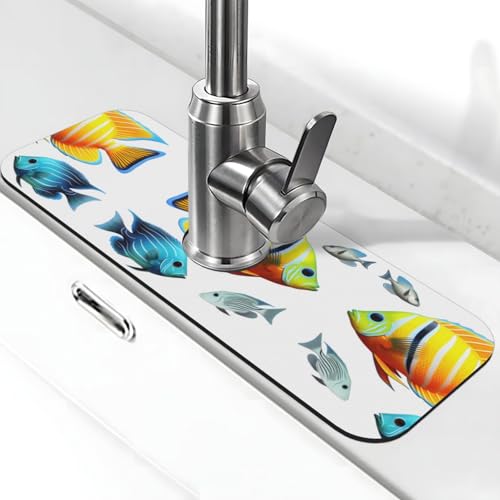 EZDLOWVBA Wasserhahnmatte mit tropischem Fisch-Druck, für Küchenspüle, Kieselgur-saugfähige Matte, Wasserhahn-Spritzschutz für Badezimmer und Küche (38,1 x 14 cm) von EZDLOWVBA