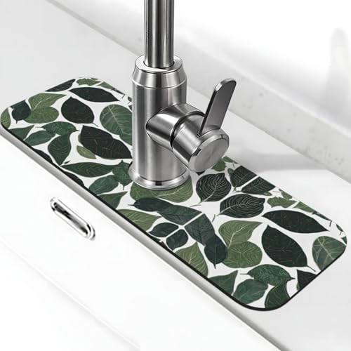 EZDLOWVBA Wasserhahnmatte mit tropischen Blättern für Küchenspüle, Kieselgur-saugfähige Matte, Wasserhahn-Spritzschutz für Badezimmer und Küche (38,1 x 14 cm) von EZDLOWVBA