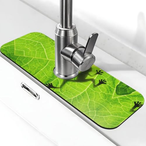 Froschblätter-Aufdruck, Stein-Wasserhahn-Matte für Küchenspüle, Kieselgur-saugfähige Matte, Wasserhahn-Spritzschutz für Badezimmer, Küche (38,1 x 14 cm) von EZDLOWVBA
