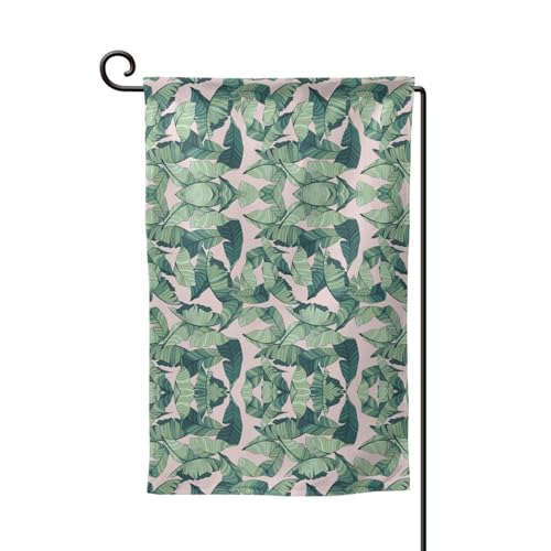 Grüne Palmenblätter, rosa Druck, doppelseitige Premium-Gartenflagge, Gartenflaggen für Heimdekoration, wetterbeständig und doppelt genäht, 45,7 x 32,8 cm von EZDLOWVBA