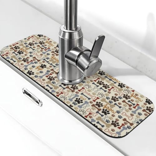 Hundeknochen Pfotenabdruck Stein Wasserhahn Matte für Küchenspüle, Kieselgur-saugfähige Matte, Wasserhahn-Spritzschutz für Badezimmer Küche (38,1 x 14 cm) von EZDLOWVBA