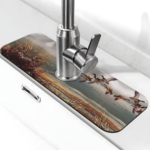 Jagd fliegende Wildenten Druck Stein Wasserhahn Matte für Küchenspüle, Kieselgur-saugfähige Matte, Wasserhahn-Spritzschutz für Badezimmer Küche (38,1 x 14 cm) von EZDLOWVBA